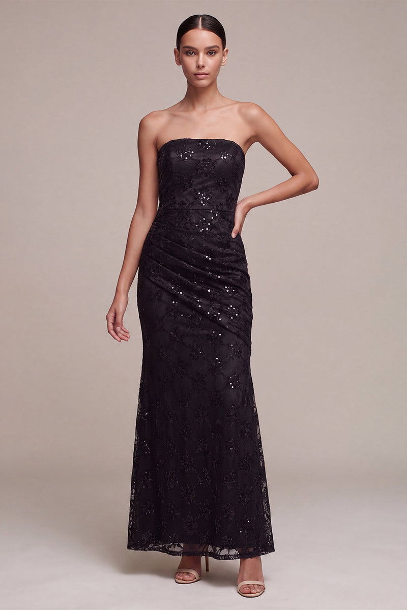 Load image into Gallery viewer, Black Sparkly Strapless Sequins Flroal Long Mermaid Formal Dress