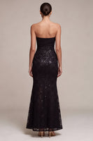 Load image into Gallery viewer, Black Sparkly Strapless Sequins Flroal Long Mermaid Formal Dress