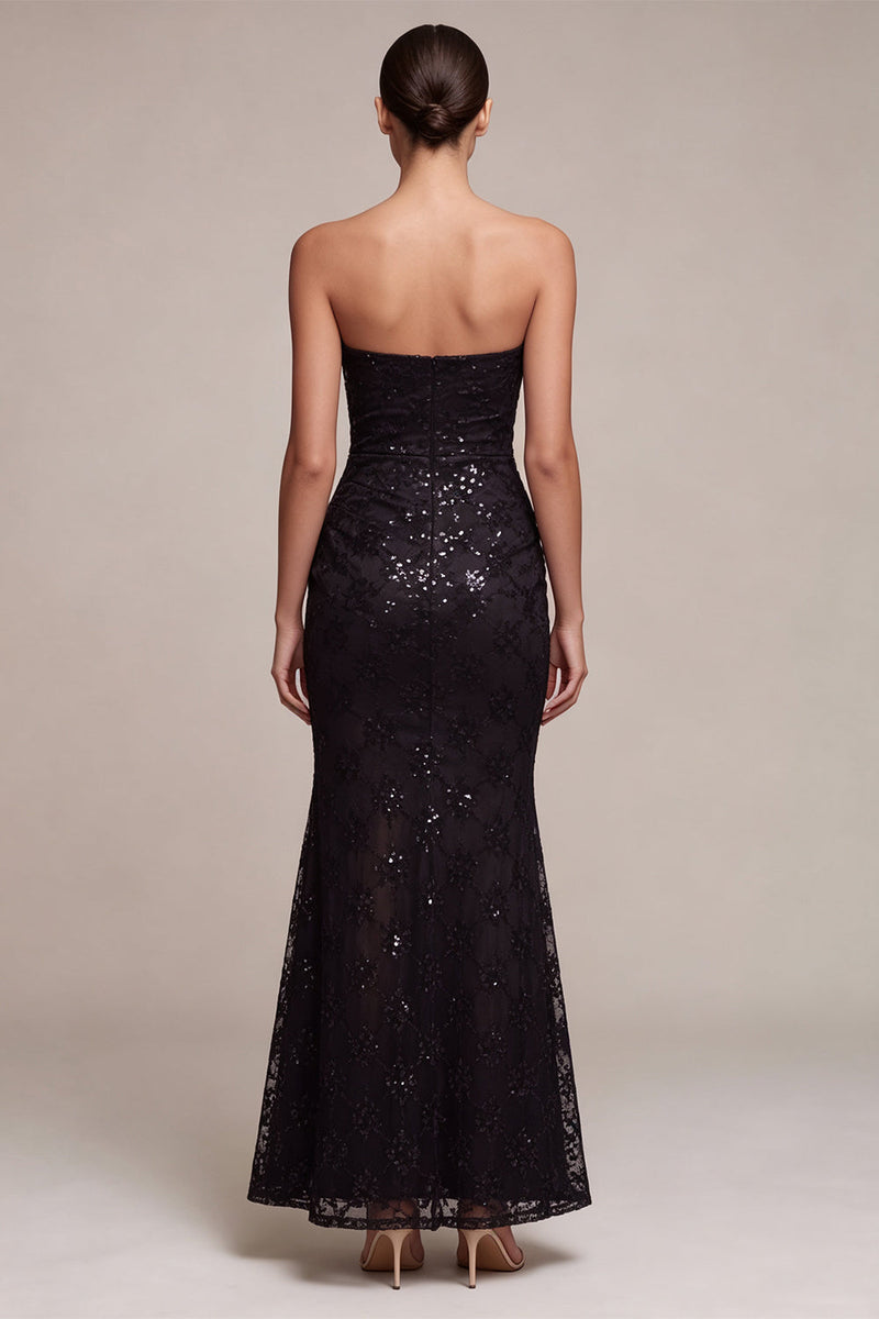 Load image into Gallery viewer, Black Sparkly Strapless Sequins Flroal Long Mermaid Formal Dress