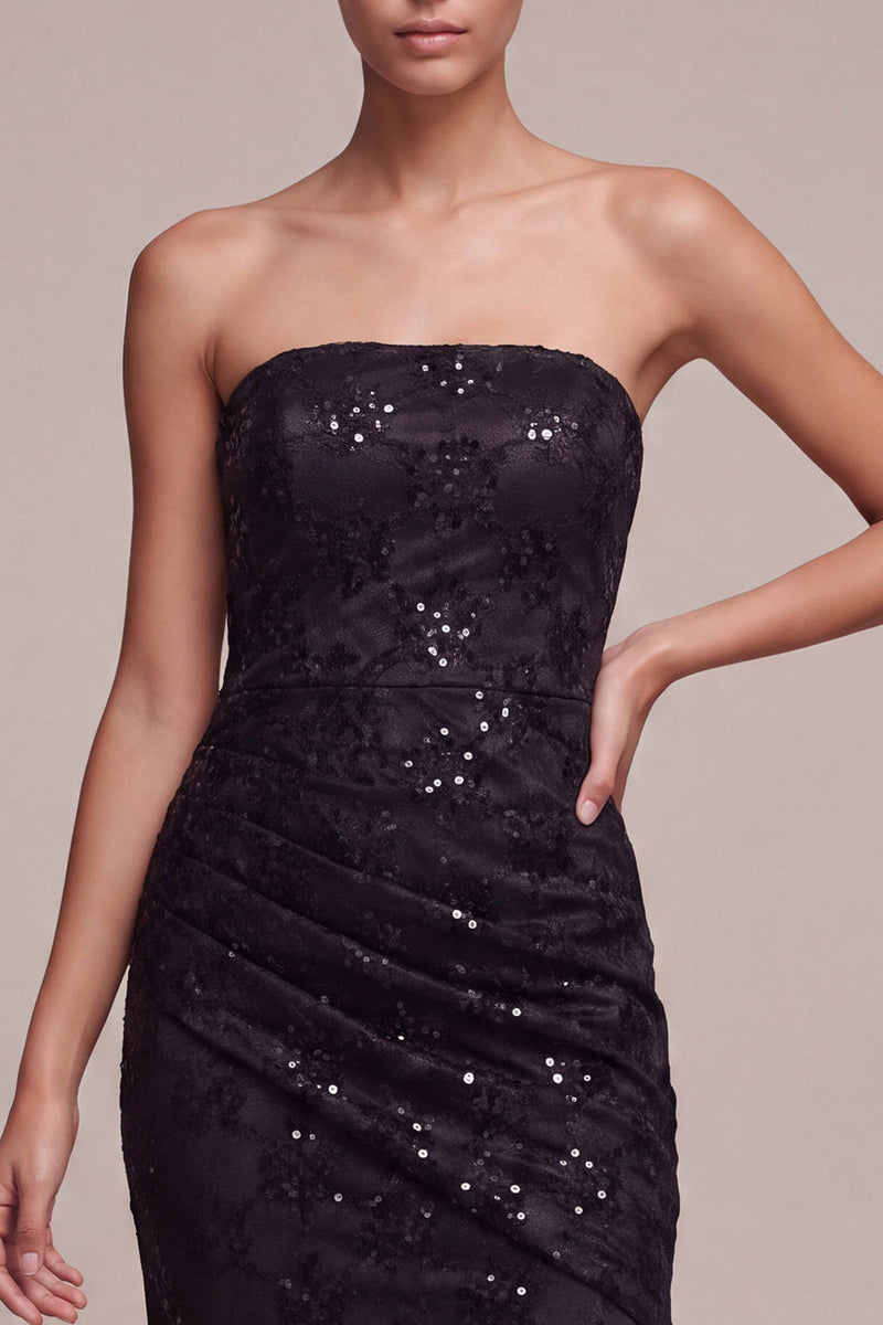 Load image into Gallery viewer, Black Sparkly Strapless Sequins Flroal Long Mermaid Formal Dress