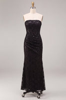 Load image into Gallery viewer, Black Sparkly Strapless Sequins Flroal Long Mermaid Formal Dress