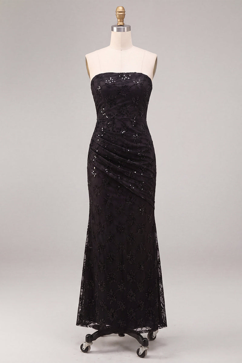 Load image into Gallery viewer, Black Sparkly Strapless Sequins Flroal Long Mermaid Formal Dress