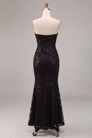 Load image into Gallery viewer, Black Sparkly Strapless Sequins Flroal Long Mermaid Formal Dress
