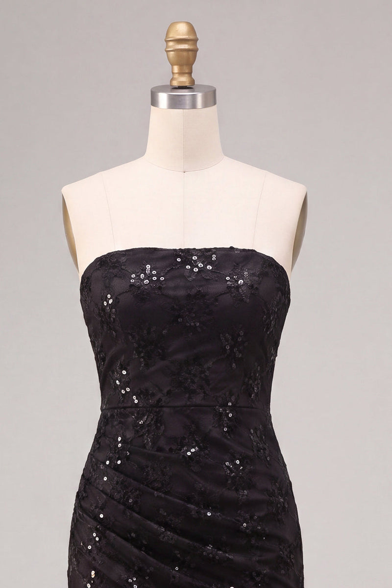 Load image into Gallery viewer, Black Sparkly Strapless Sequins Flroal Long Mermaid Formal Dress