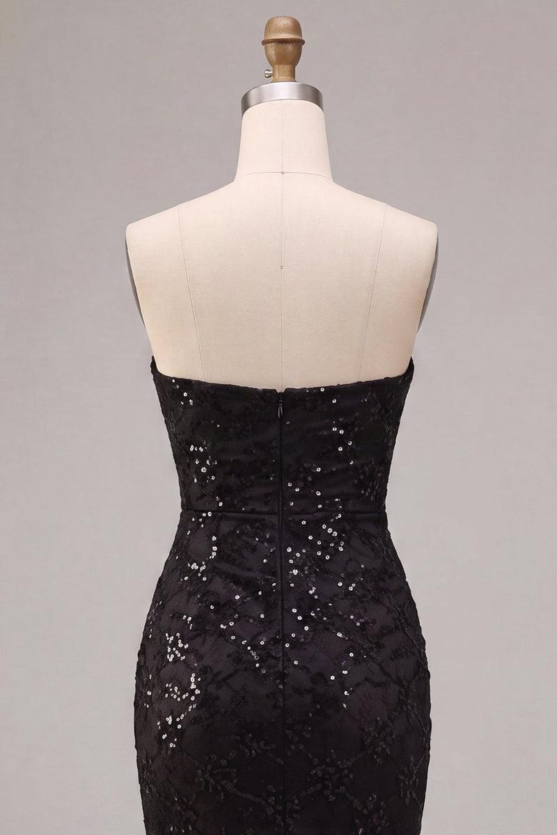 Load image into Gallery viewer, Black Sparkly Strapless Sequins Flroal Long Mermaid Formal Dress