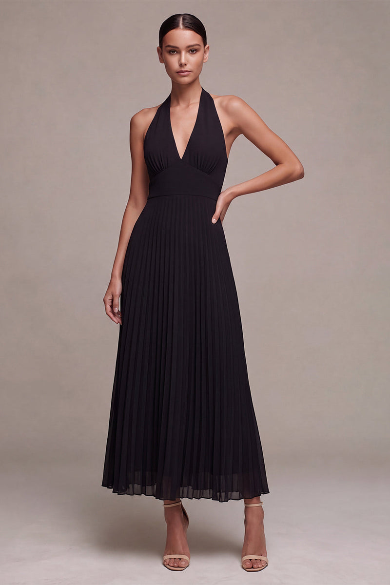 Load image into Gallery viewer, Black Pleated A Line Chiffon Halter V Neck Long Formal Dress