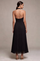 Load image into Gallery viewer, Black Pleated A Line Chiffon Halter V Neck Long Formal Dress