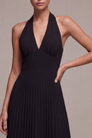 Load image into Gallery viewer, Black Pleated A Line Chiffon Halter V Neck Long Formal Dress