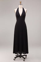 Load image into Gallery viewer, Black Pleated A Line Chiffon Halter V Neck Long Formal Dress
