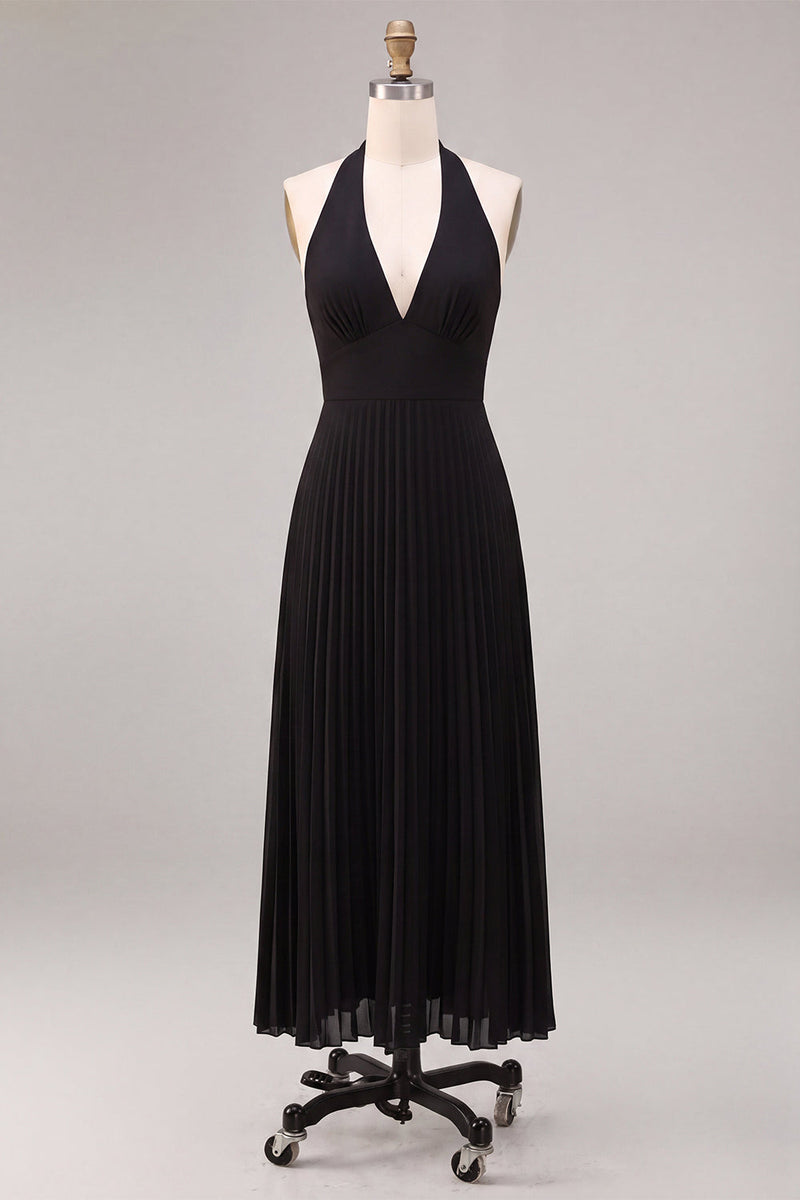 Load image into Gallery viewer, Black Pleated A Line Chiffon Halter V Neck Long Formal Dress