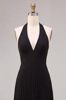 Load image into Gallery viewer, Black Pleated A Line Chiffon Halter V Neck Long Formal Dress