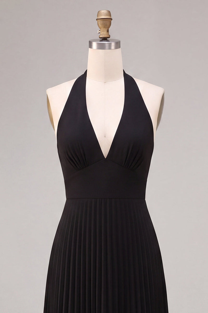 Load image into Gallery viewer, Black Pleated A Line Chiffon Halter V Neck Long Formal Dress