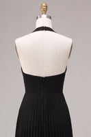 Load image into Gallery viewer, Black Pleated A Line Chiffon Halter V Neck Long Formal Dress