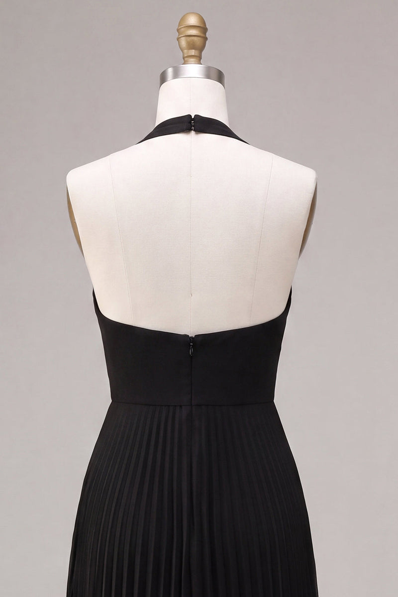 Load image into Gallery viewer, Black Pleated A Line Chiffon Halter V Neck Long Formal Dress