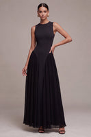 Load image into Gallery viewer, Simple Black A Line Pleated Round Neck Long Formal Dress