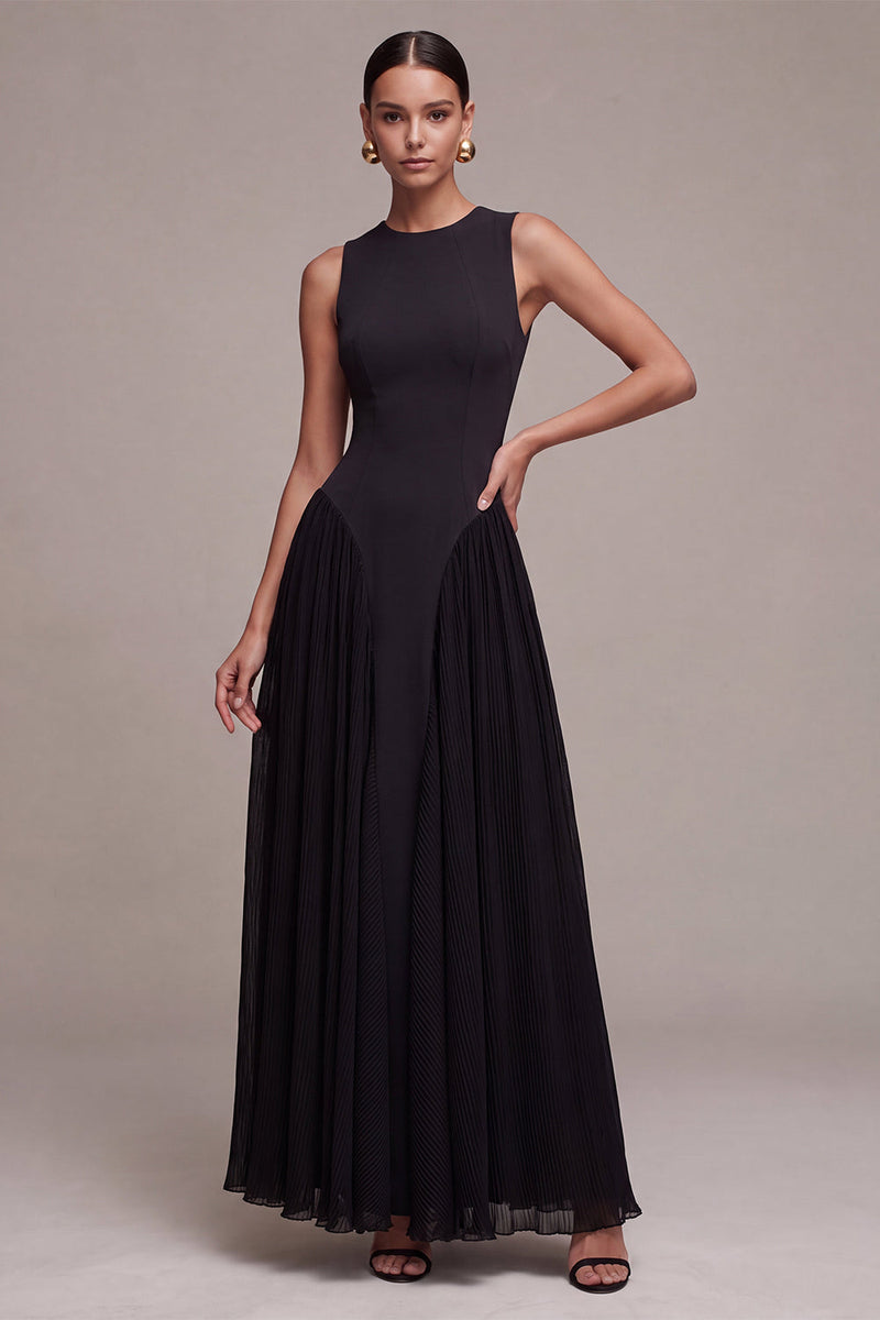 Load image into Gallery viewer, Simple Black A Line Pleated Round Neck Long Formal Dress