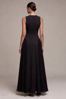 Load image into Gallery viewer, Simple Black A Line Pleated Round Neck Long Formal Dress
