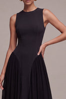 Load image into Gallery viewer, Simple Black A Line Pleated Round Neck Long Formal Dress