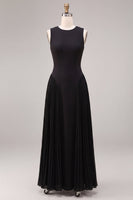 Load image into Gallery viewer, Simple Black A Line Pleated Round Neck Long Formal Dress