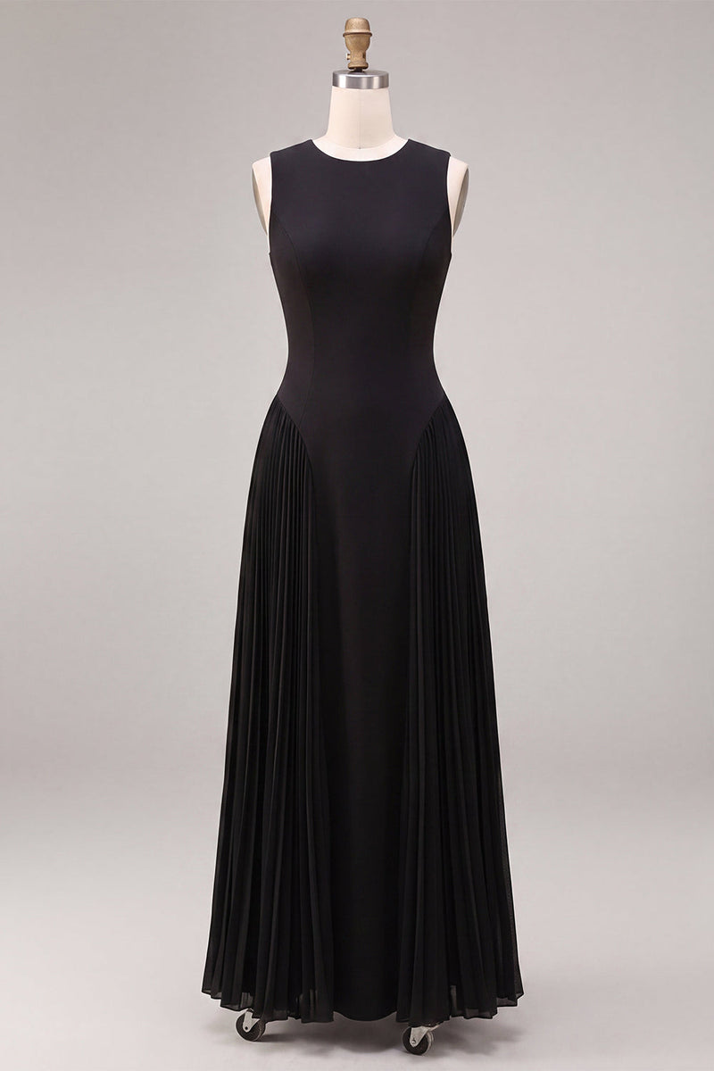 Load image into Gallery viewer, Simple Black A Line Pleated Round Neck Long Formal Dress