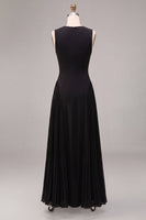Load image into Gallery viewer, Simple Black A Line Pleated Round Neck Long Formal Dress