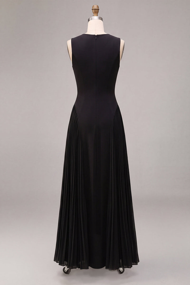 Load image into Gallery viewer, Simple Black A Line Pleated Round Neck Long Formal Dress