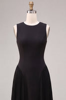 Load image into Gallery viewer, Simple Black A Line Pleated Round Neck Long Formal Dress