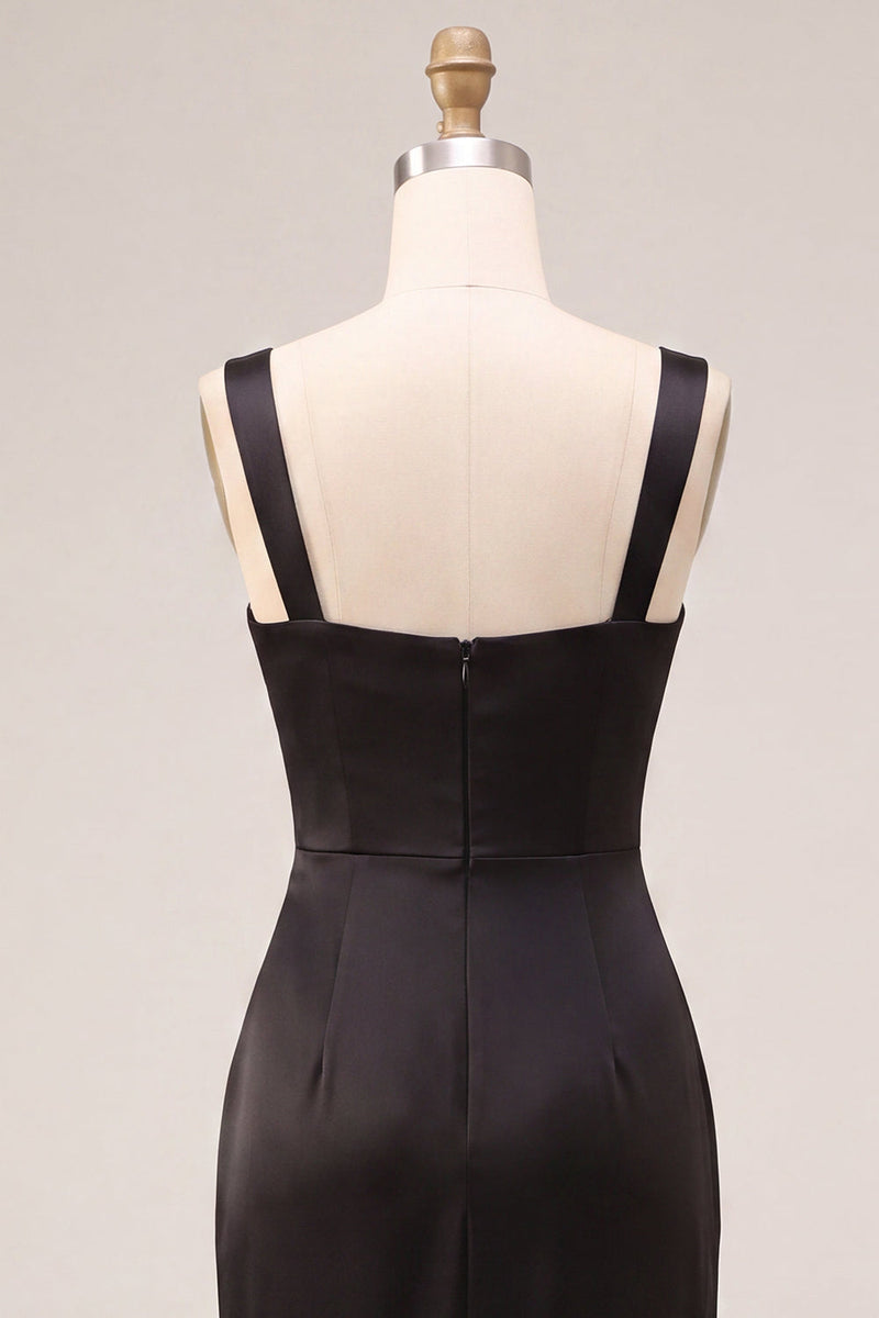Load image into Gallery viewer, Simple Black Sheath Ruched Satin Square Neck Long Formal Dress