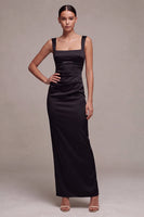 Load image into Gallery viewer, Simple Black Sheath Ruched Satin Square Neck Long Formal Dress