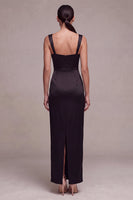 Load image into Gallery viewer, Simple Black Sheath Ruched Satin Square Neck Long Formal Dress