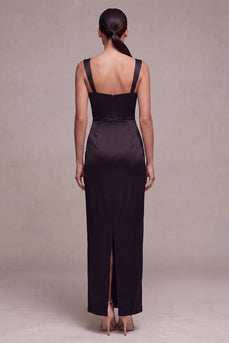 Simple Black Sheath Ruched Satin Square Neck Long Formal Dress