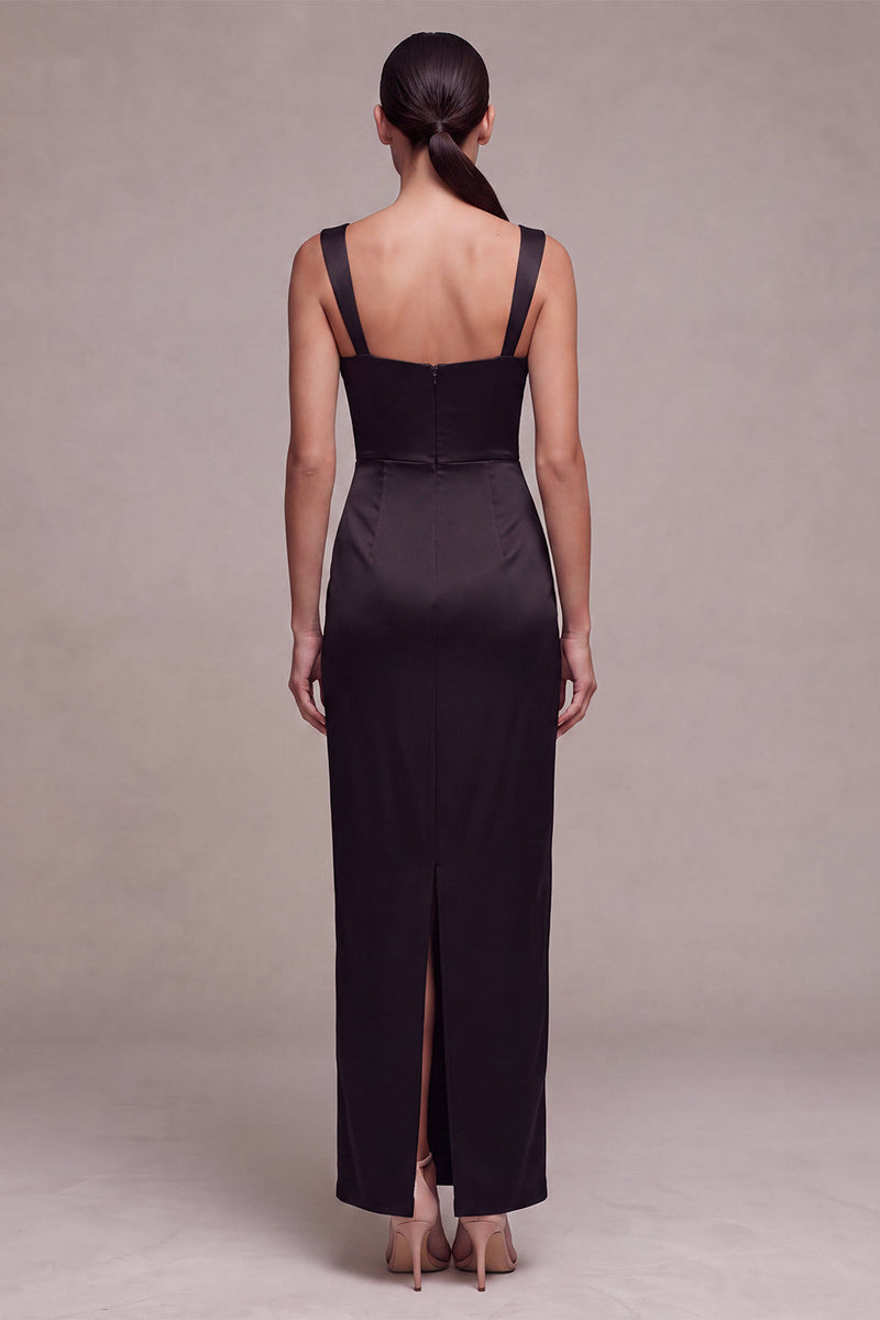 Load image into Gallery viewer, Simple Black Sheath Ruched Satin Square Neck Long Formal Dress