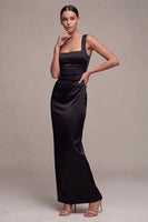 Load image into Gallery viewer, Simple Black Sheath Ruched Satin Square Neck Long Formal Dress