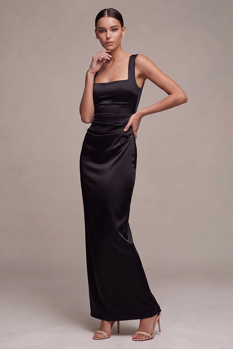 Load image into Gallery viewer, Simple Black Sheath Ruched Satin Square Neck Long Formal Dress
