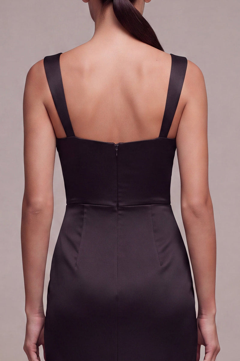 Load image into Gallery viewer, Simple Black Sheath Ruched Satin Square Neck Long Formal Dress