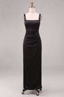Load image into Gallery viewer, Simple Black Sheath Ruched Satin Square Neck Long Formal Dress