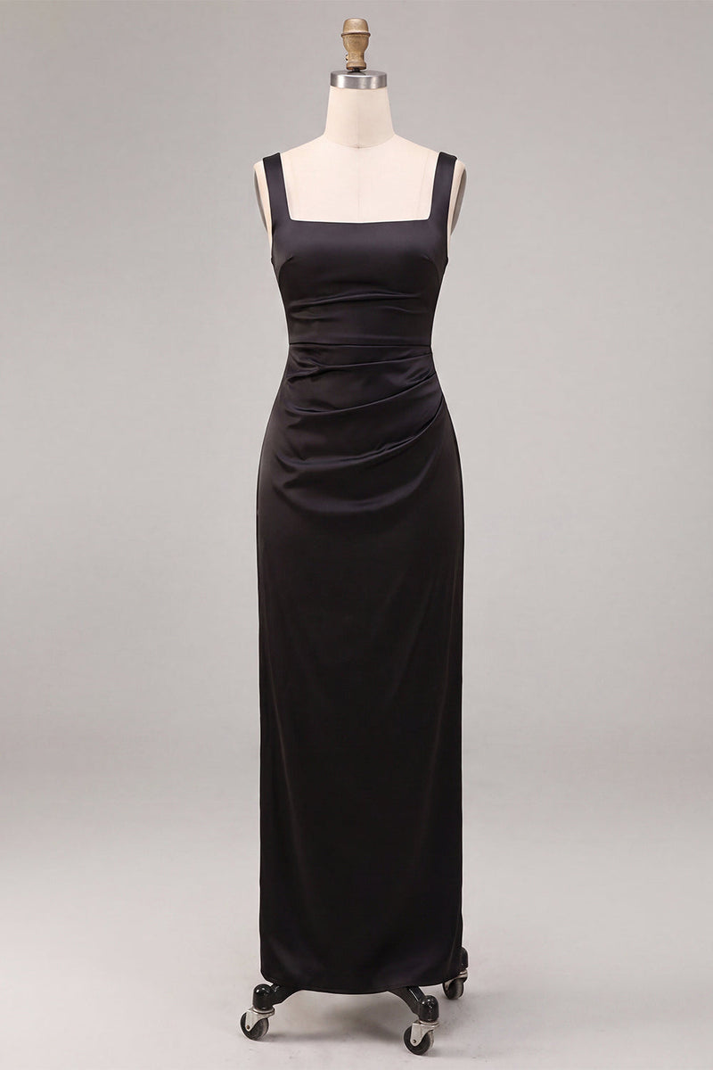 Load image into Gallery viewer, Simple Black Sheath Ruched Satin Square Neck Long Formal Dress