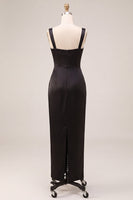 Load image into Gallery viewer, Simple Black Sheath Ruched Satin Square Neck Long Formal Dress