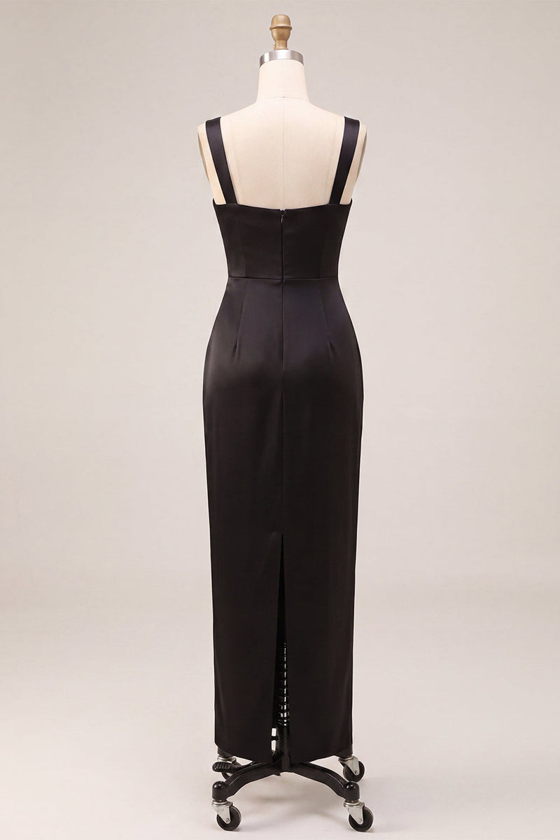 Load image into Gallery viewer, Simple Black Sheath Ruched Satin Square Neck Long Formal Dress
