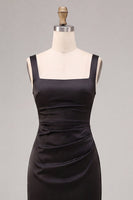 Load image into Gallery viewer, Simple Black Sheath Ruched Satin Square Neck Long Formal Dress