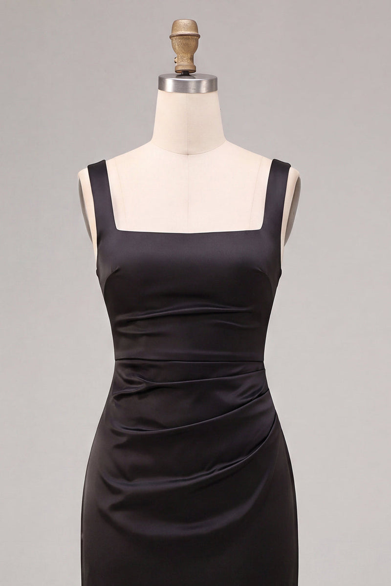 Load image into Gallery viewer, Simple Black Sheath Ruched Satin Square Neck Long Formal Dress