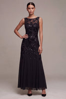 Load image into Gallery viewer, Black Sparkly Floral Sequins A Line Long Formal Dress