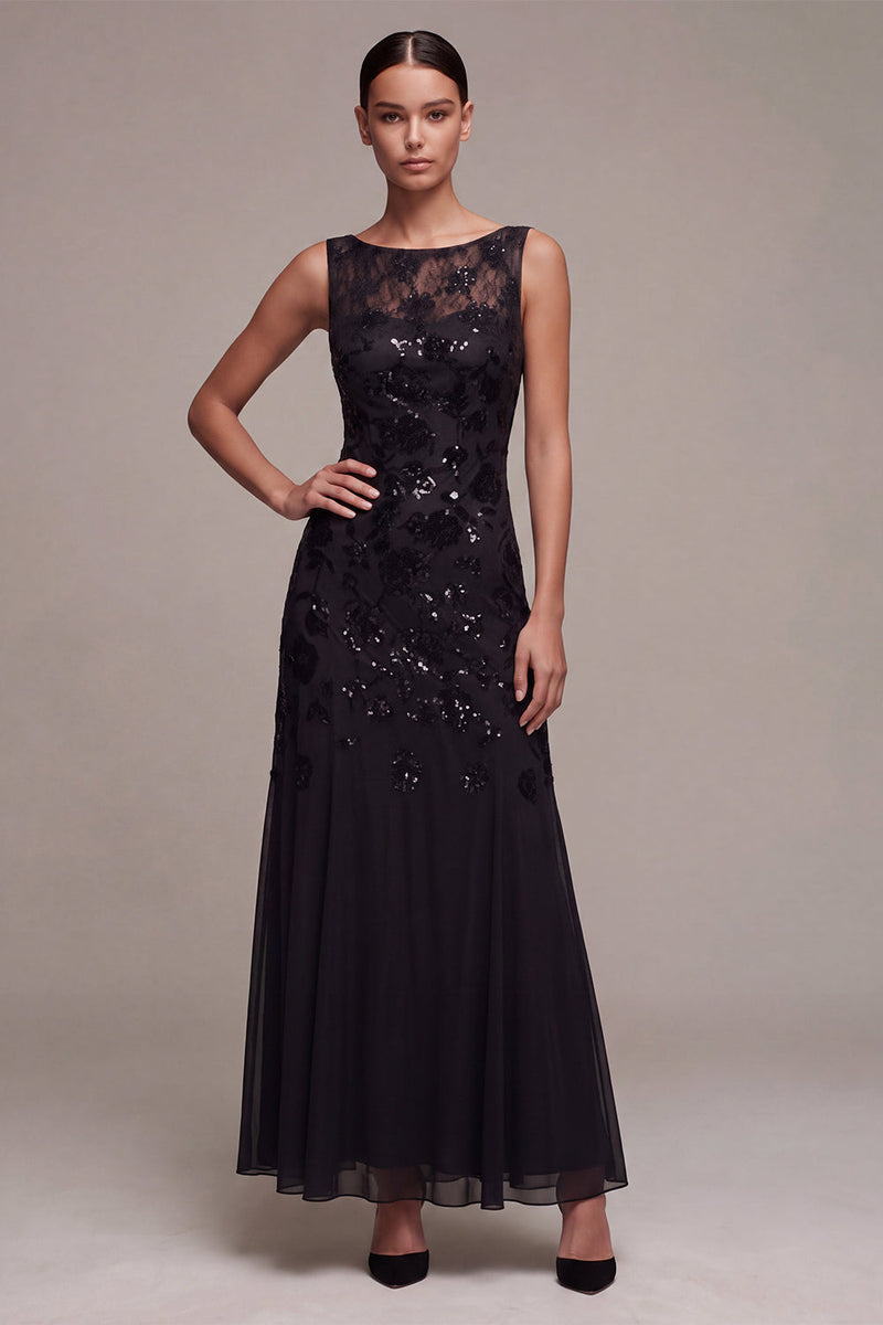 Load image into Gallery viewer, Black Sparkly Floral Sequins A Line Long Formal Dress