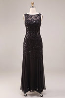 Load image into Gallery viewer, Black Sparkly Floral Sequins A Line Long Formal Dress