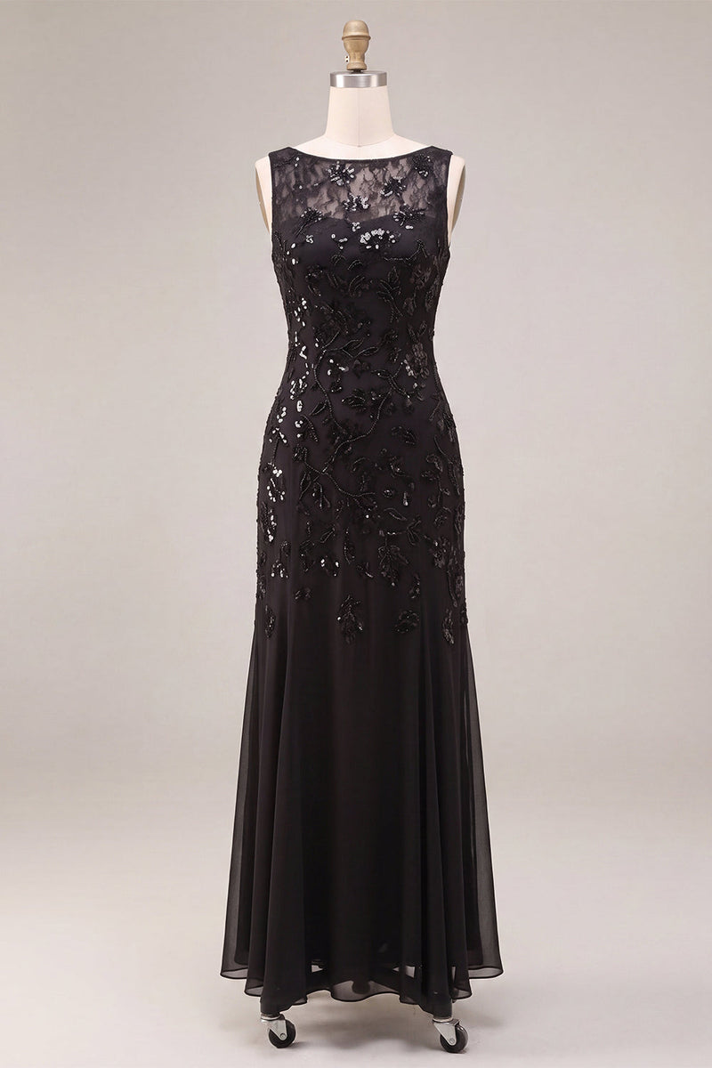 Load image into Gallery viewer, Black Sparkly Floral Sequins A Line Long Formal Dress
