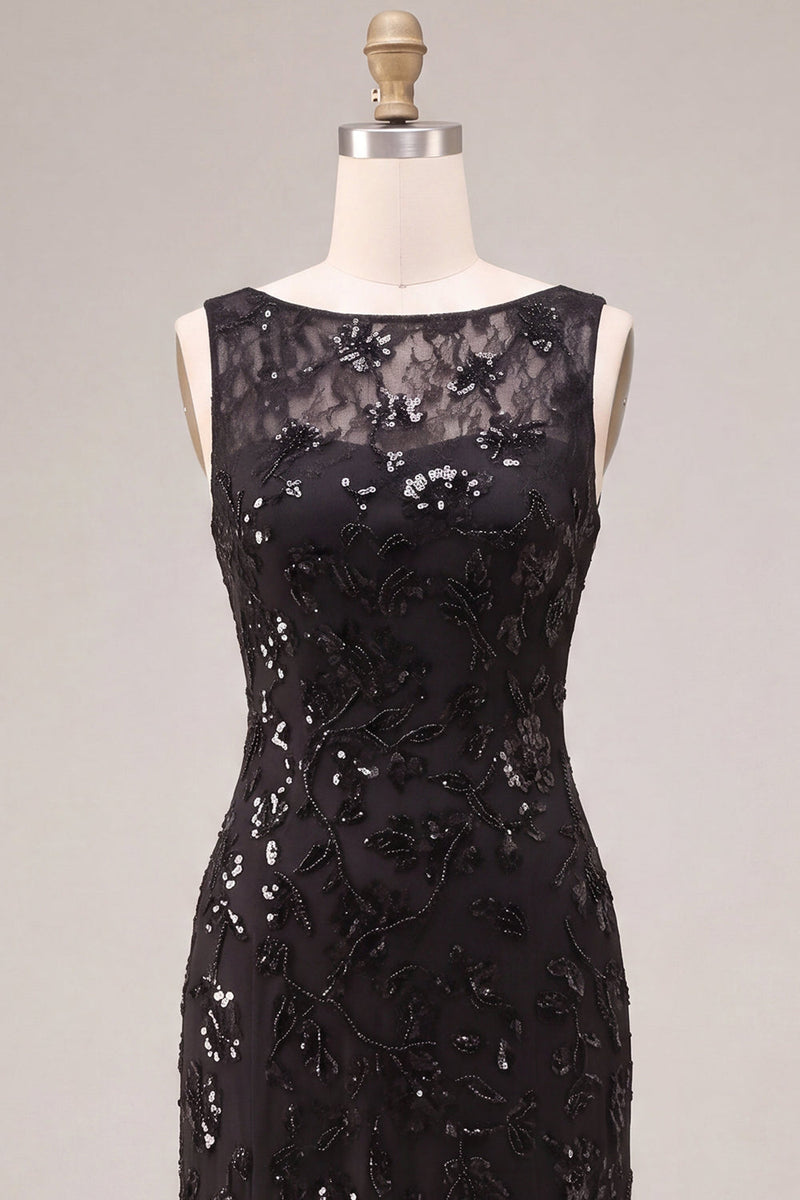 Load image into Gallery viewer, Black Sparkly Floral Sequins A Line Long Formal Dress