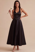 Load image into Gallery viewer, Simple Black Satin A Line Halter V Neck Long Formal Dress