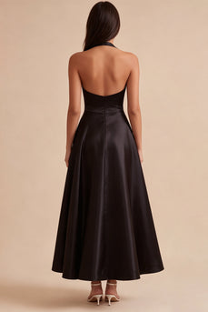 Simple Black Satin A Line Halter V Neck Long Formal Dress