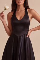 Load image into Gallery viewer, Simple Black Satin A Line Halter V Neck Long Formal Dress