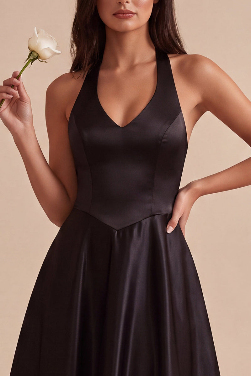 Load image into Gallery viewer, Simple Black Satin A Line Halter V Neck Long Formal Dress